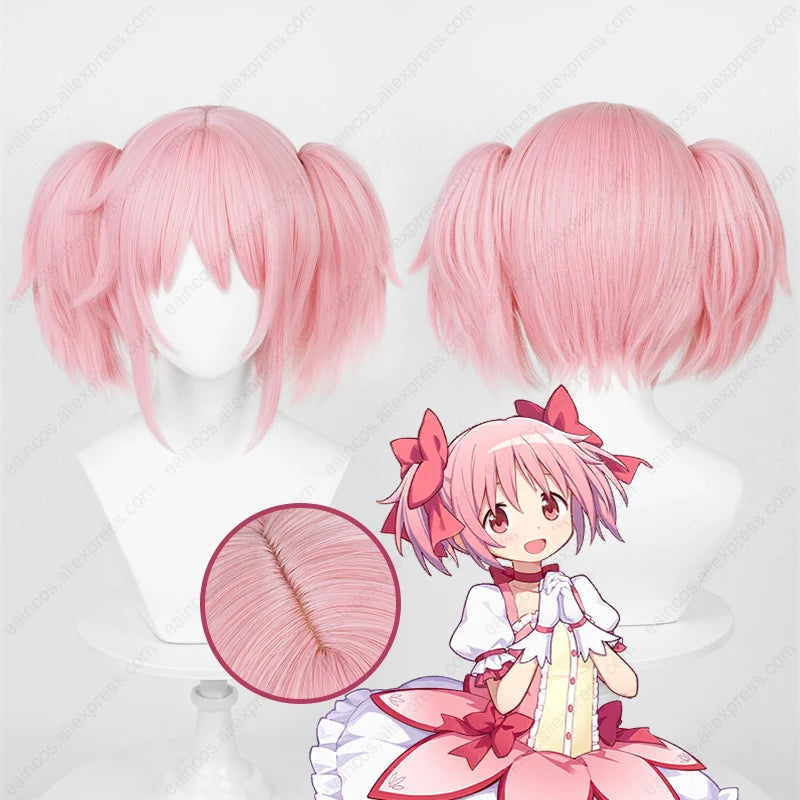 Anime madoka kaname peruca cosplay 30cm rosa rabo de cavalo perucas cabelo sintético resistente ao calor