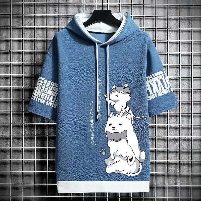 Japão moda masculina hoodies verão roupas masculinas dos desenhos animados casual harajuku streetwear impressão com capuz superior manga curta camisolas