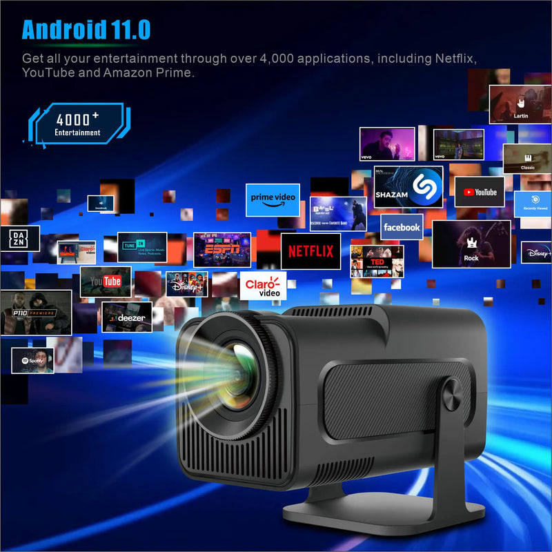 Projetor Portátil Inteligente Android 11, HD, 1080x1080P, 4K, WiFi6, BT5, 390ANSI, HY320