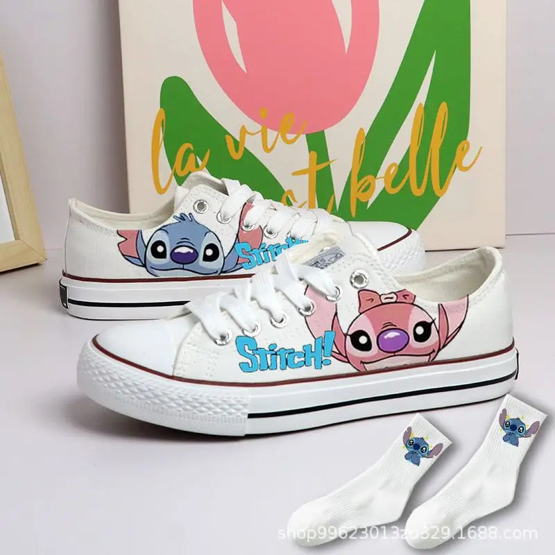 Kawaii disney stitch sapatos de lona de alta qualidade/baixa dos desenhos animados graffiti versátil sapatos esportivos para homens e mulheres moda sapatos planos