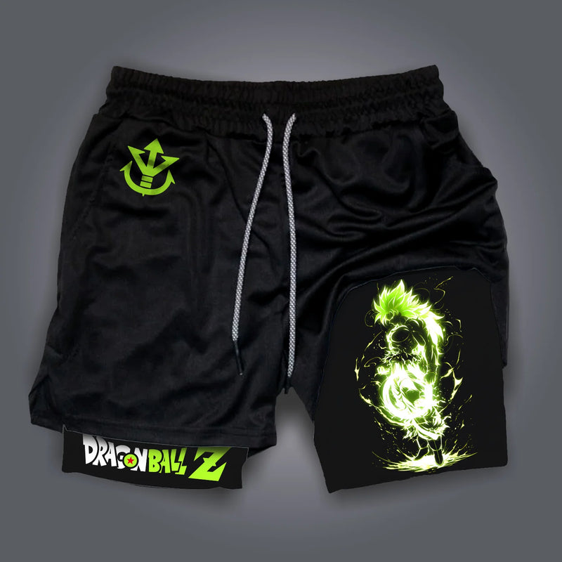 Calções masculinos dragon ball impresso verão esportes compressão shorts feminino dupla camada 2-em-1 calça de secagem rápida praia ginásio shorts