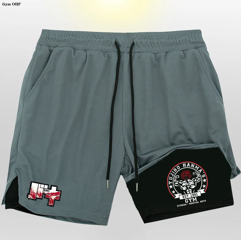 Anime baki hanma shorts masculinos esporte 2 em 1 ginásio jogging treinamento de corrida respirável fitness dupla camada bolso escondido calças curtas