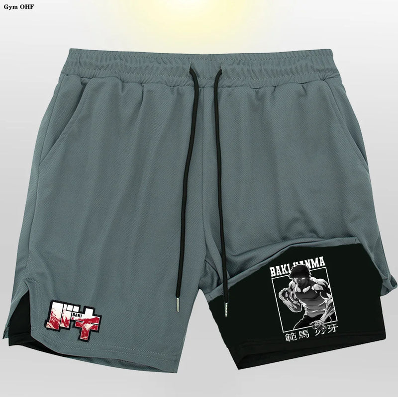 Anime baki hanma shorts masculinos esporte 2 em 1 ginásio jogging treinamento de corrida respirável fitness dupla camada bolso escondido calças curtas