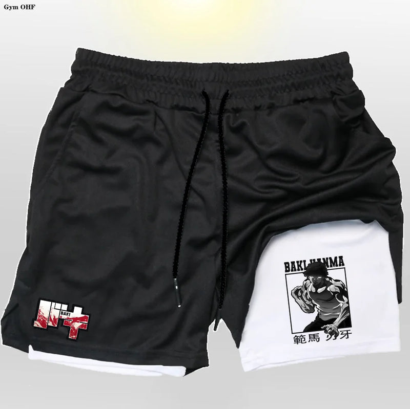 Anime baki hanma shorts masculinos esporte 2 em 1 ginásio jogging treinamento de corrida respirável fitness dupla camada bolso escondido calças curtas