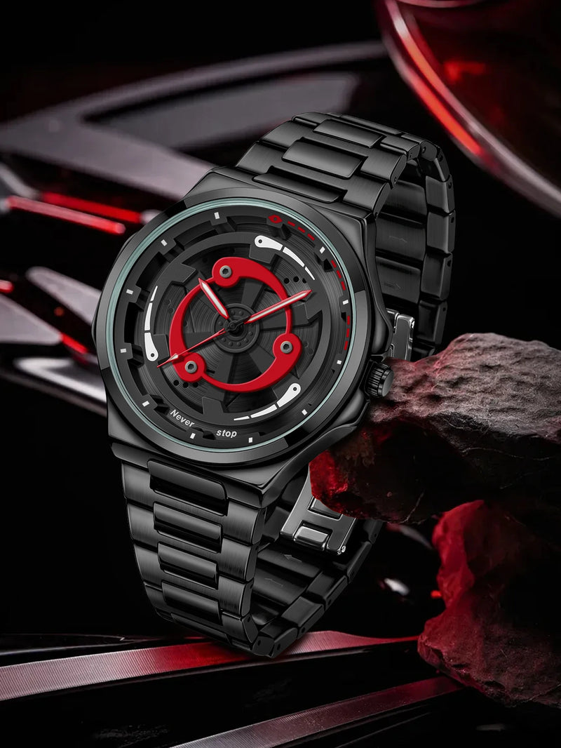 Relógio masculino com pulseira de aço NS – estilo preto legal, mostrador giratório moderno, presente de feriado criativo