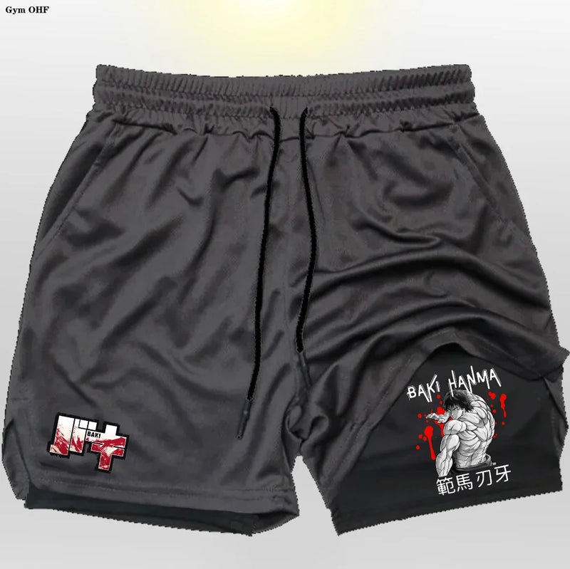 Anime baki hanma shorts masculinos esporte 2 em 1 ginásio jogging treinamento de corrida respirável fitness dupla camada bolso escondido calças curtas