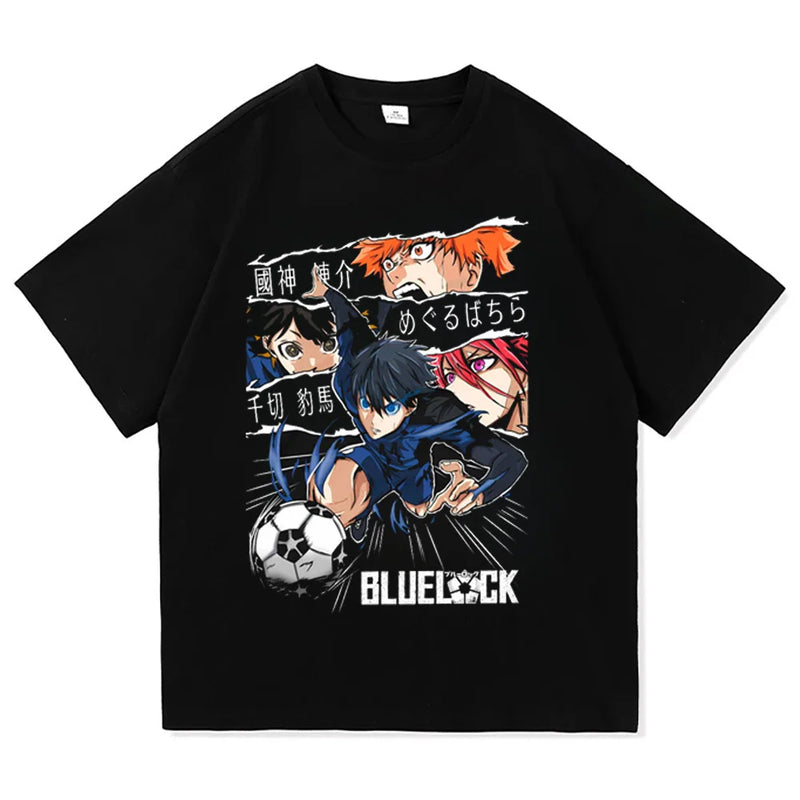 Verão masculino novo bloqueio azul anime camiseta casual moda impressa solta em torno do pescoço camiseta moda masculina/feminina t camisa