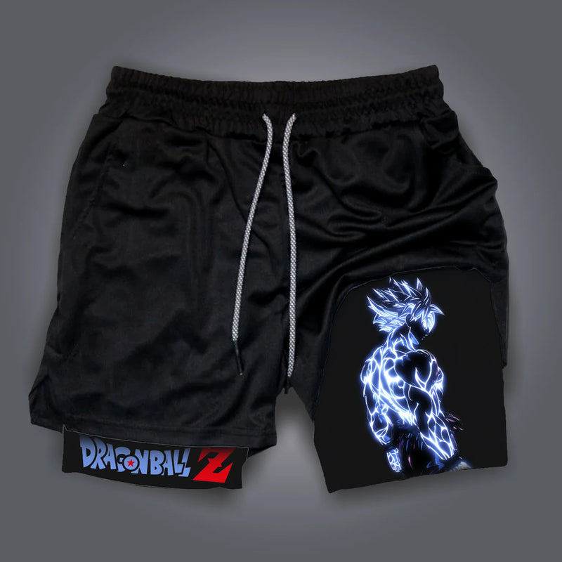 Calções masculinos dragon ball impresso verão esportes compressão shorts feminino dupla camada 2-em-1 calça de secagem rápida praia ginásio shorts