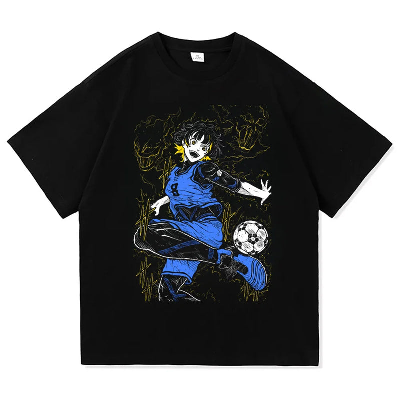 Verão masculino novo bloqueio azul anime camiseta casual moda impressa solta em torno do pescoço camiseta moda masculina/feminina t camisa