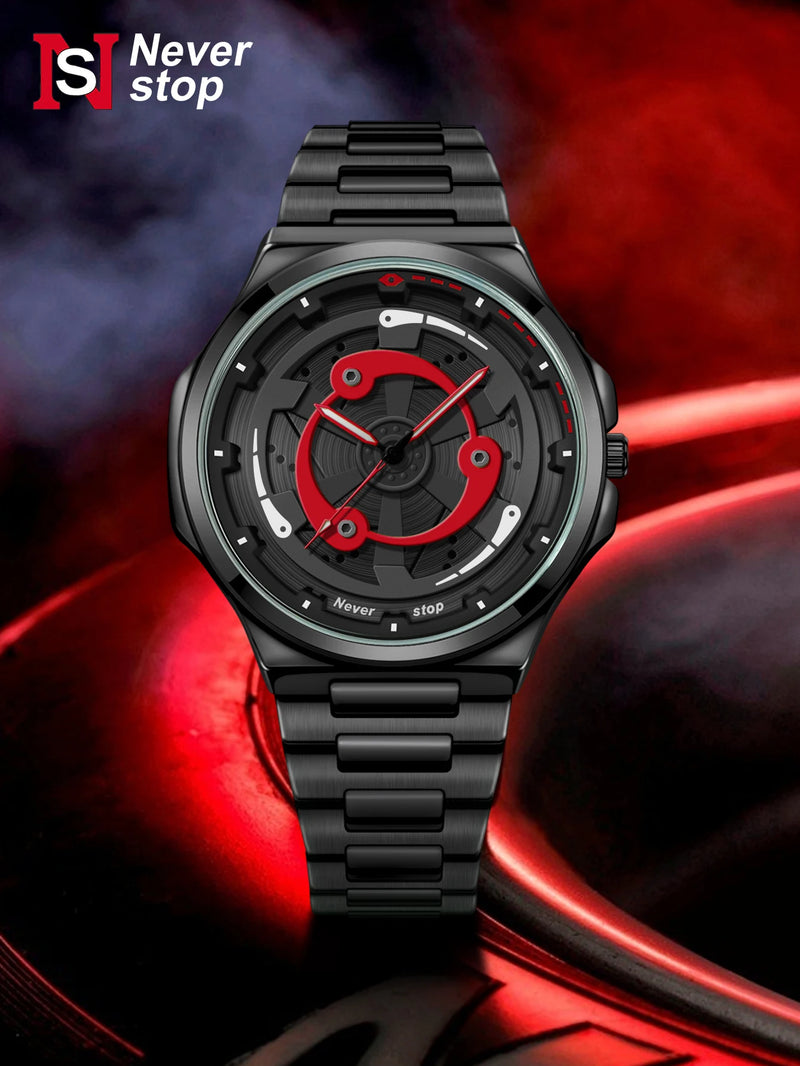 Relógio masculino com pulseira de aço NS – estilo preto legal, mostrador giratório moderno, presente de feriado criativo