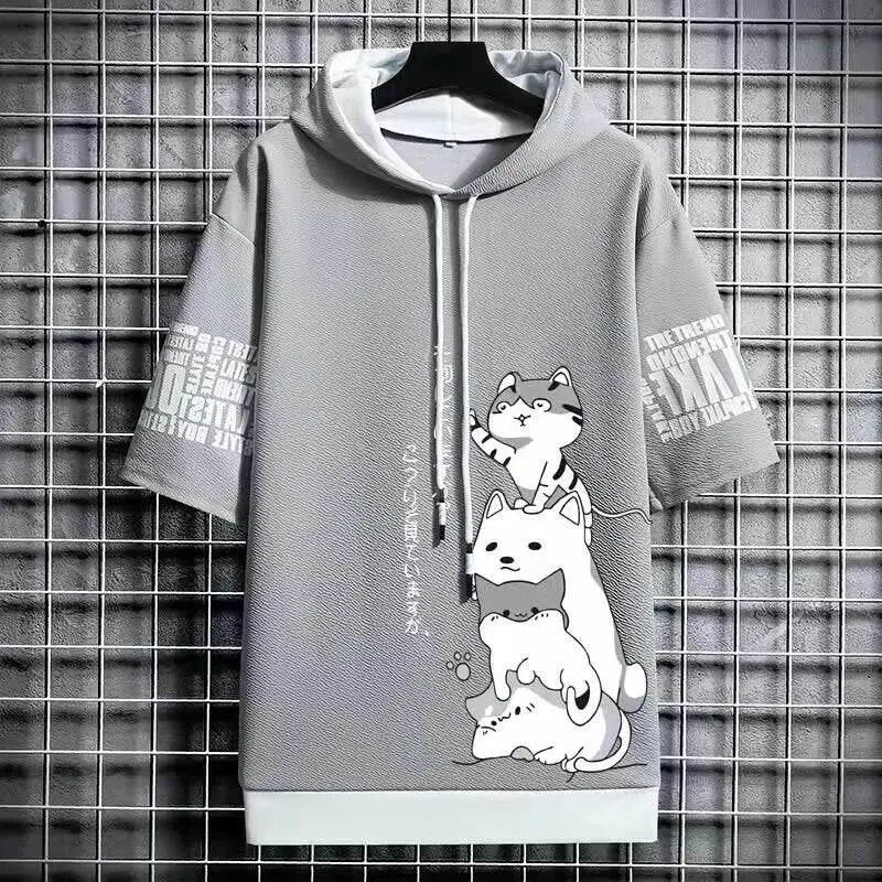 Japão moda masculina hoodies verão roupas masculinas dos desenhos animados casual harajuku streetwear impressão com capuz superior manga curta camisolas