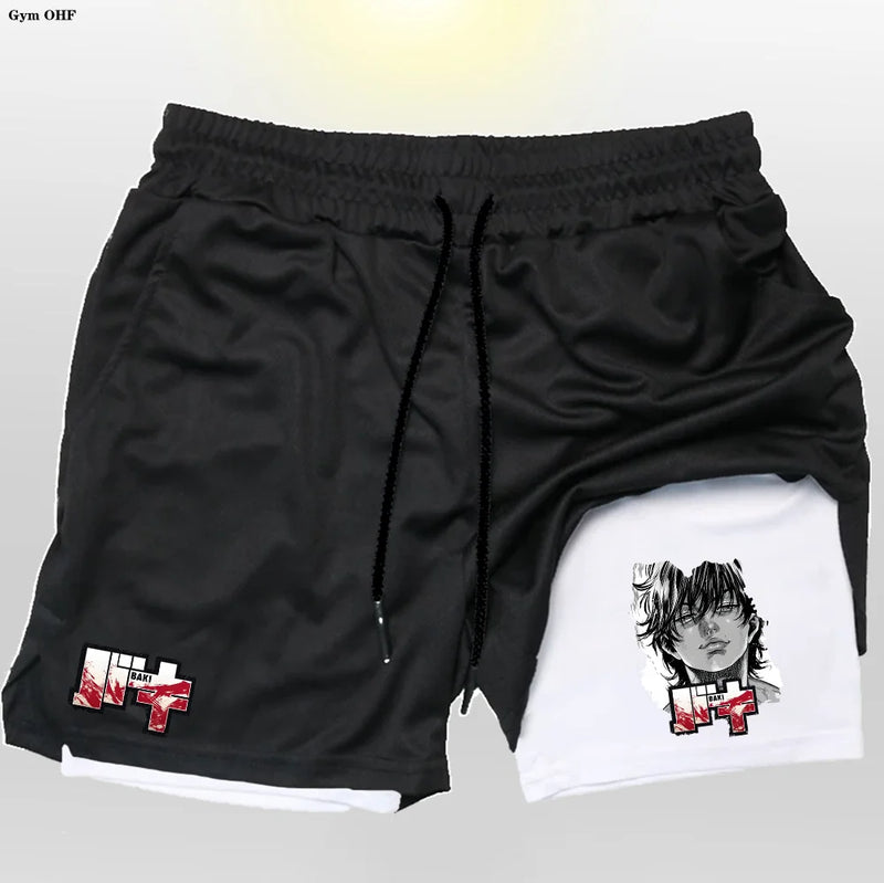Anime baki hanma shorts masculinos esporte 2 em 1 ginásio jogging treinamento de corrida respirável fitness dupla camada bolso escondido calças curtas