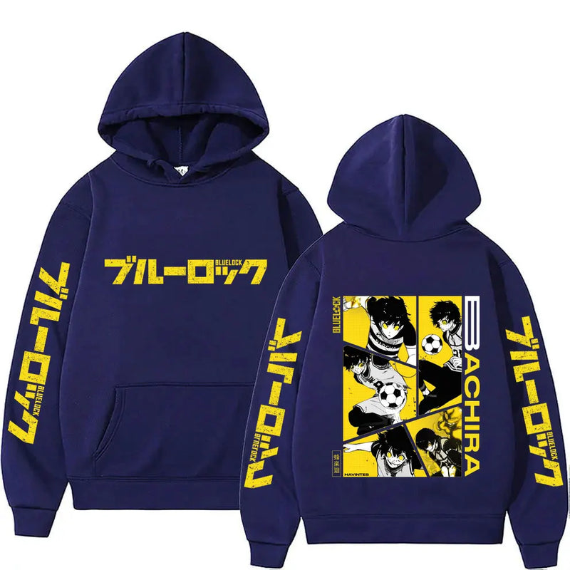 Azul bloqueio bachira moletom com capuz masculino primavera outono moda feminina moletom de grandes dimensões 2025 novo dos desenhos animados anime casal pulôver topos