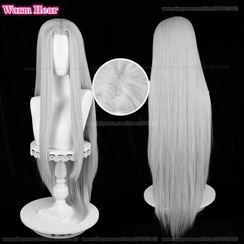 Sephiroth peruca cosplay sintética jogo ff vii 7 longo prata cinza cabelo reto resistente ao calor perucas de halloween peruca boné