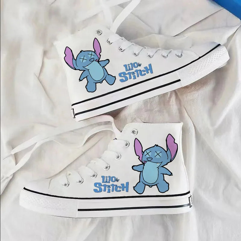 Kawaii disney stitch sapatos de lona de alta qualidade/baixa dos desenhos animados graffiti versátil sapatos esportivos para homens e mulheres moda sapatos planos