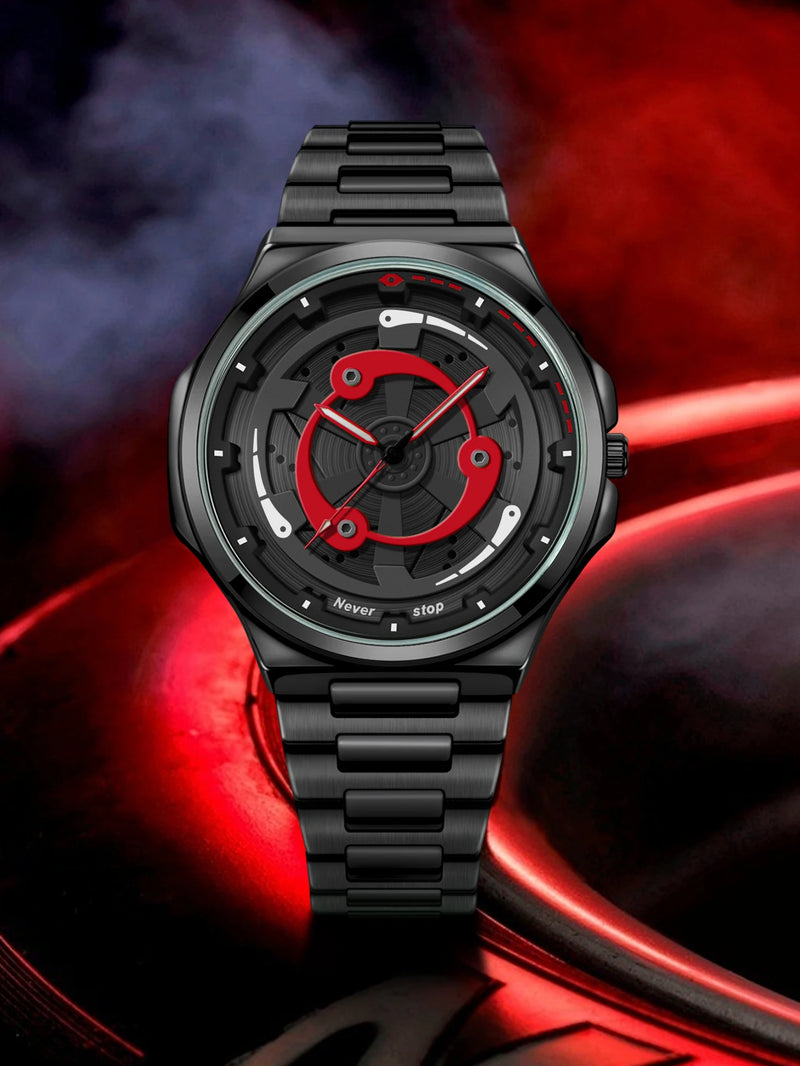 Relógio masculino com pulseira de aço NS – estilo preto legal, mostrador giratório moderno, presente de feriado criativo