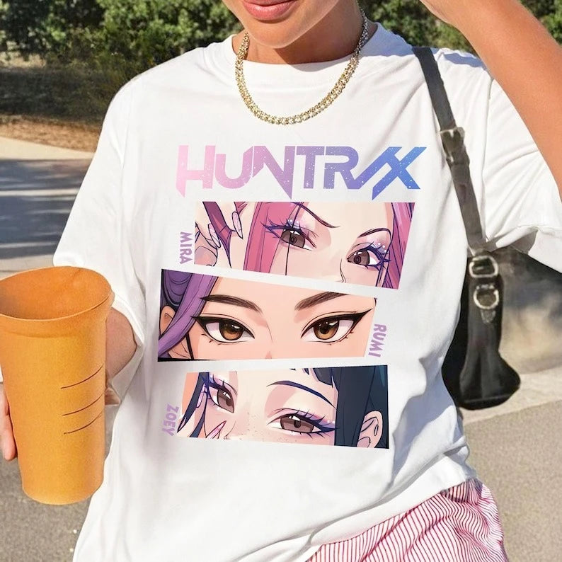Kpop caçadores de demônios t camisa conforto cores t huntrix menina camisa presente para kpop fã mira rumi joey idol grupo huntrix merch topos