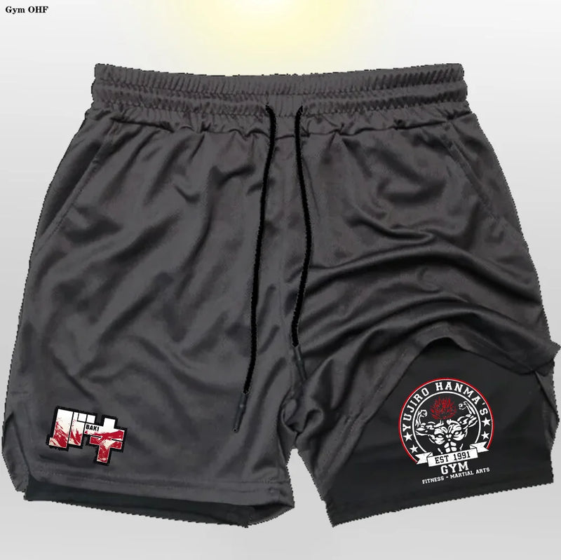 Anime baki hanma shorts masculinos esporte 2 em 1 ginásio jogging treinamento de corrida respirável fitness dupla camada bolso escondido calças curtas