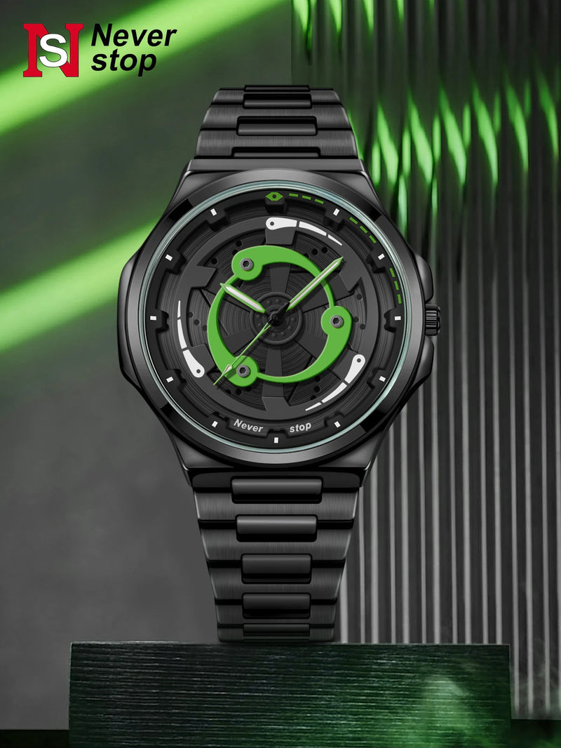 Relógio masculino com pulseira de aço NS – estilo preto legal, mostrador giratório moderno, presente de feriado criativo