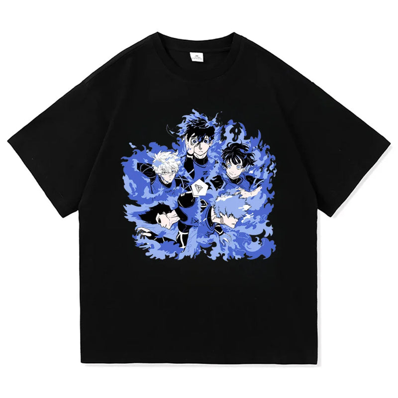 Verão masculino novo bloqueio azul anime camiseta casual moda impressa solta em torno do pescoço camiseta moda masculina/feminina t camisa