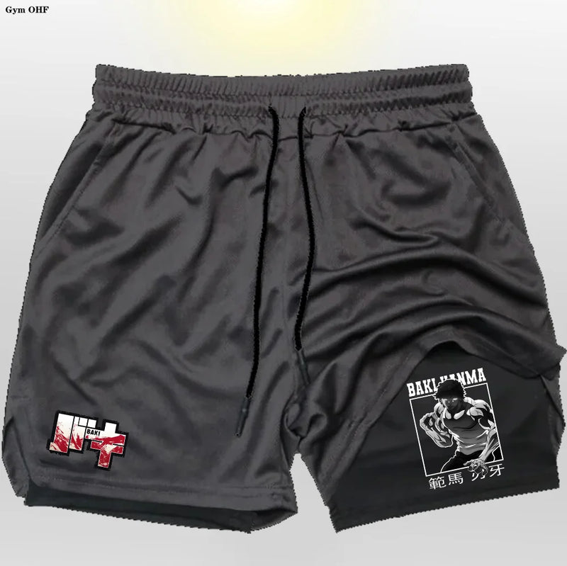 Anime baki hanma shorts masculinos esporte 2 em 1 ginásio jogging treinamento de corrida respirável fitness dupla camada bolso escondido calças curtas