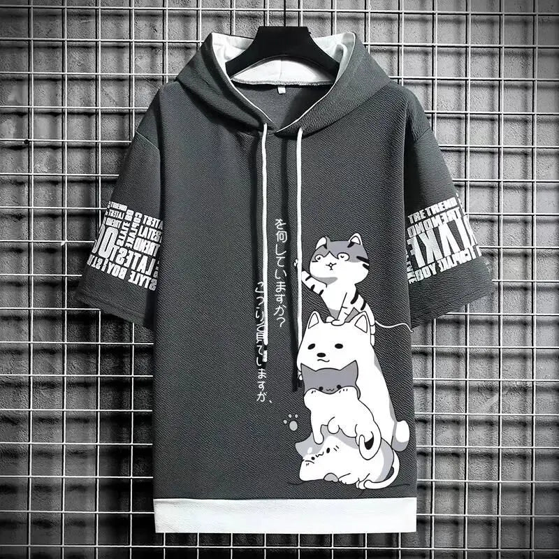 Japão moda masculina hoodies verão roupas masculinas dos desenhos animados casual harajuku streetwear impressão com capuz superior manga curta camisolas