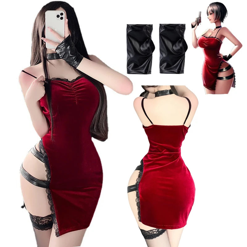 Sexy ada wong cosplay vestido filme serviço secreto roupões uniforme sexy vestido vermelho renda cheongsam lingerie roupas traje de halloween