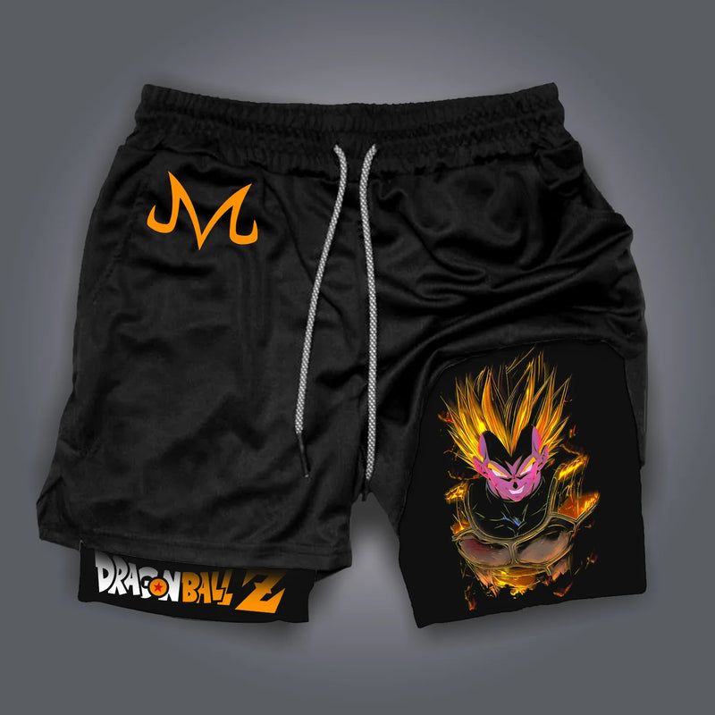 Calções masculinos dragon ball impresso verão esportes compressão shorts feminino dupla camada 2-em-1 calça de secagem rápida praia ginásio shorts