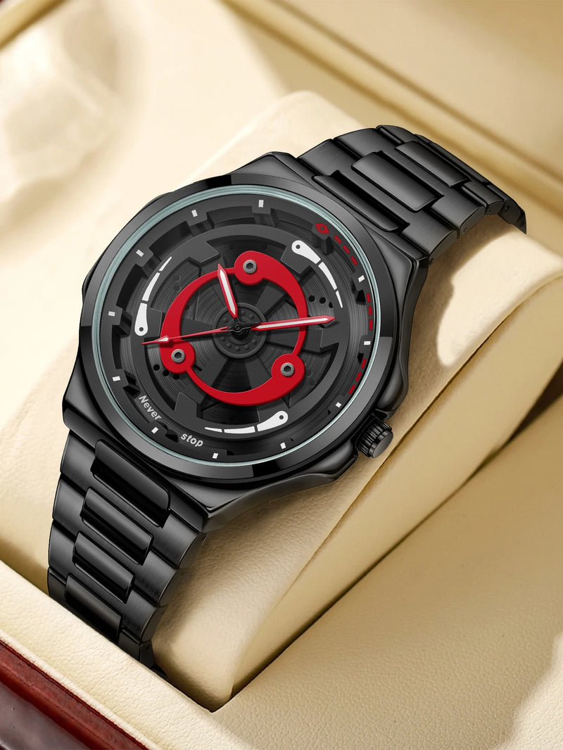 Relógio masculino com pulseira de aço NS – estilo preto legal, mostrador giratório moderno, presente de feriado criativo