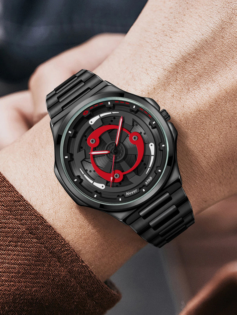 Relógio masculino com pulseira de aço NS – estilo preto legal, mostrador giratório moderno, presente de feriado criativo