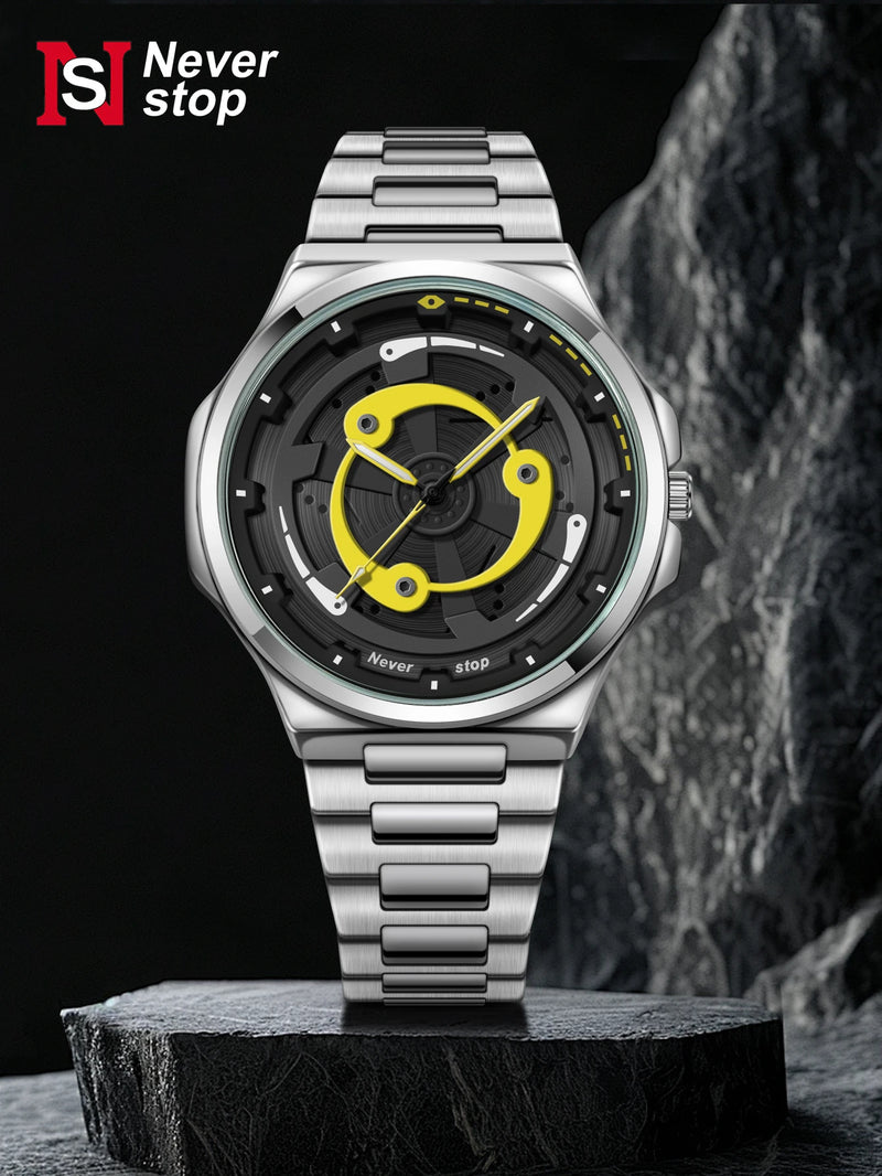 Relógio masculino com pulseira de aço NS – estilo preto legal, mostrador giratório moderno, presente de feriado criativo