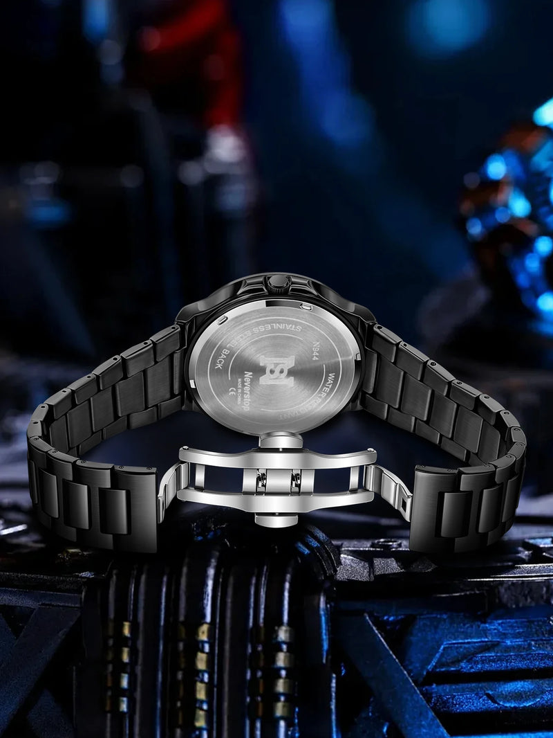 Relógio masculino com pulseira de aço NS – estilo preto legal, mostrador giratório moderno, presente de feriado criativo