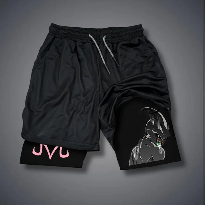 Calções masculinos dragon ball impresso verão esportes compressão shorts feminino dupla camada 2-em-1 calça de secagem rápida praia ginásio shorts