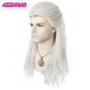 Geralt peruca longa onda de água prata perucas brancas com distintivo metal pingente fatia volta estilo cabelo cosplay perucas + peruca boné