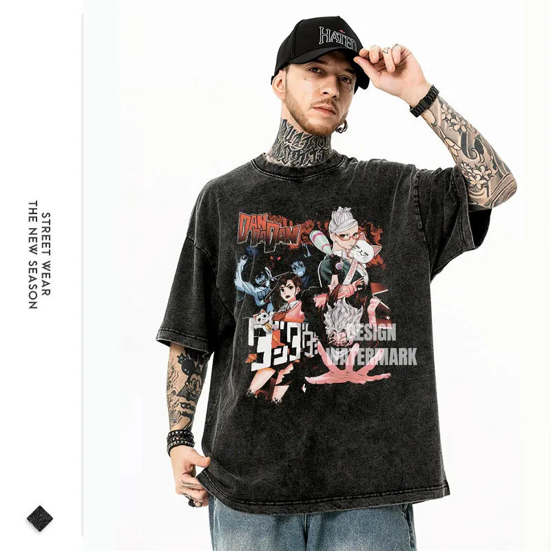 Anime dan da dan t camisa de grandes dimensões vintage lavado dandadan camisetas streetwear retro mangá ayase momo takakura ken topos t masculino