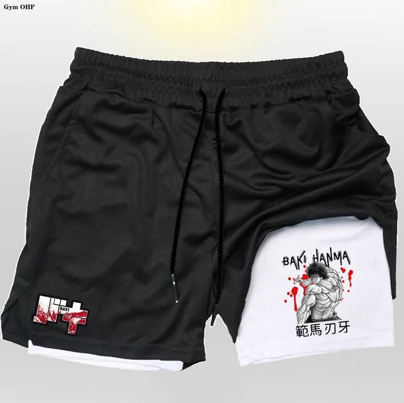 Anime baki hanma shorts masculinos esporte 2 em 1 ginásio jogging treinamento de corrida respirável fitness dupla camada bolso escondido calças curtas