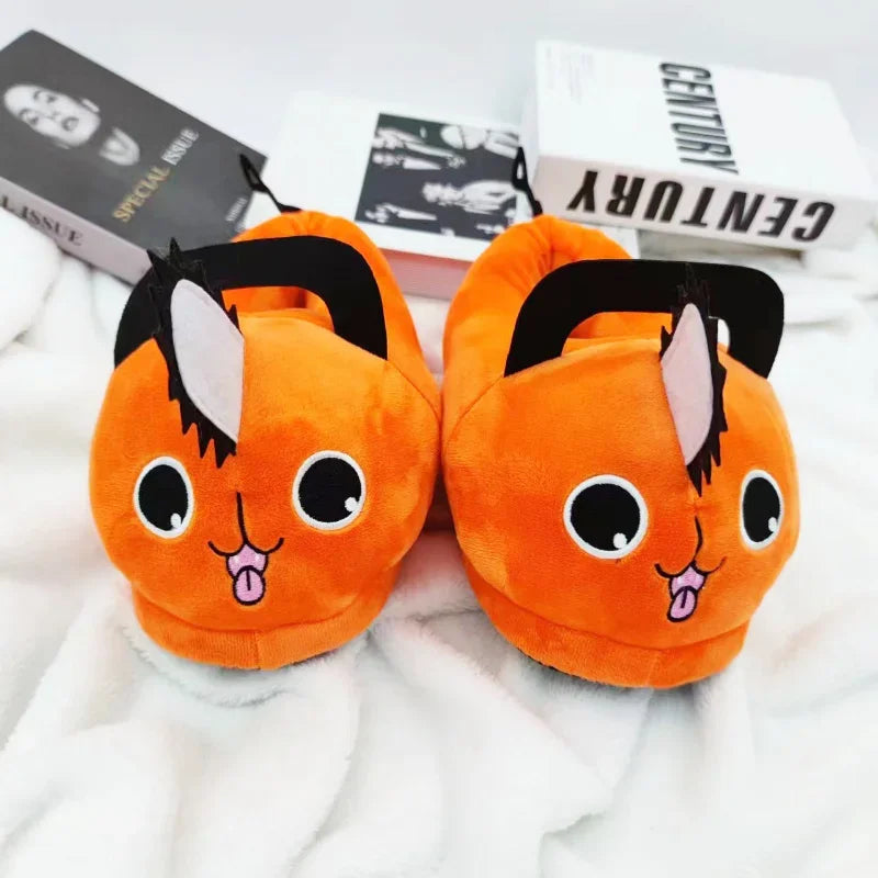 Anime motosserra homem pochita chinelo de pelúcia pochita mulher motosserra sapatos adulto laranja cão recheado macio chinelo para presente de natal