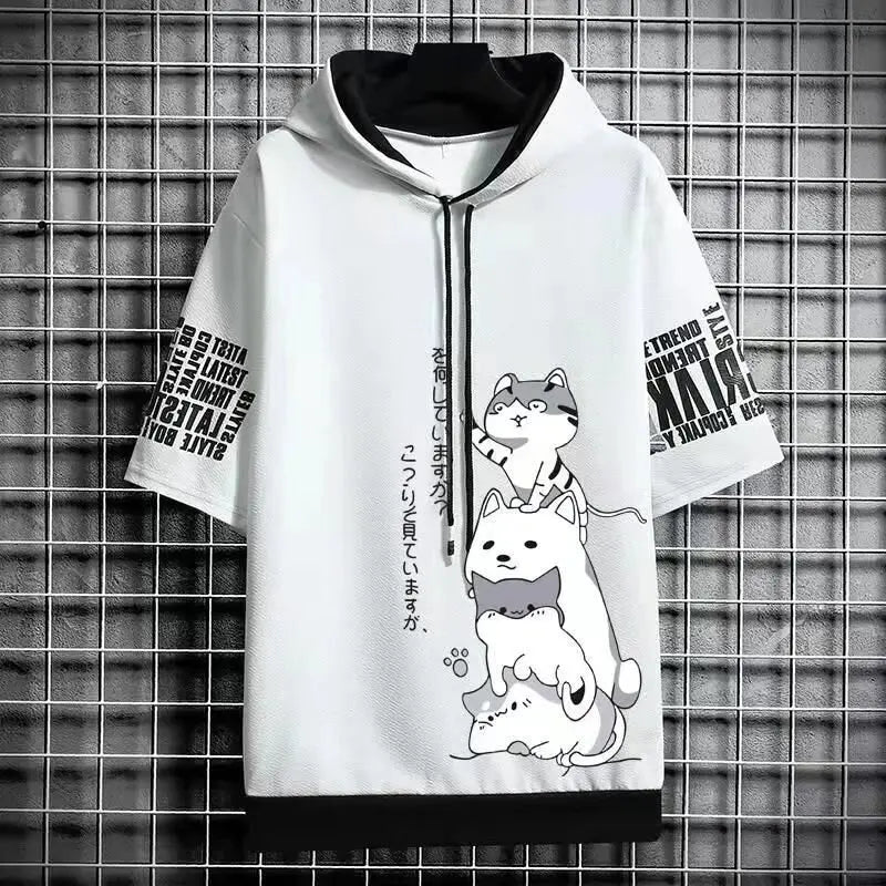Japão moda masculina hoodies verão roupas masculinas dos desenhos animados casual harajuku streetwear impressão com capuz superior manga curta camisolas
