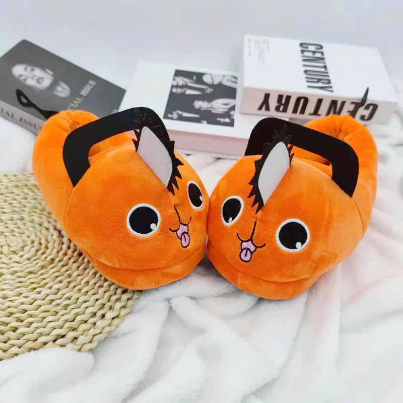 Anime motosserra homem pochita chinelo de pelúcia pochita mulher motosserra sapatos adulto laranja cão recheado macio chinelo para presente de natal