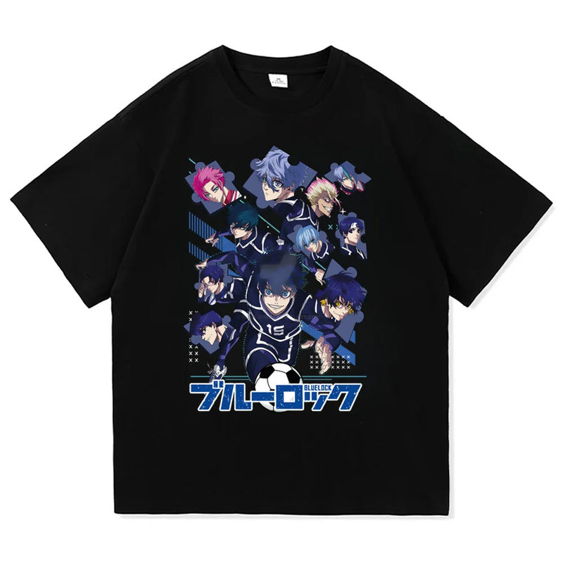 Verão masculino novo bloqueio azul anime camiseta casual moda impressa solta em torno do pescoço camiseta moda masculina/feminina t camisa
