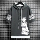 Japão moda masculina hoodies verão roupas masculinas dos desenhos animados casual harajuku streetwear impressão com capuz superior manga curta camisolas